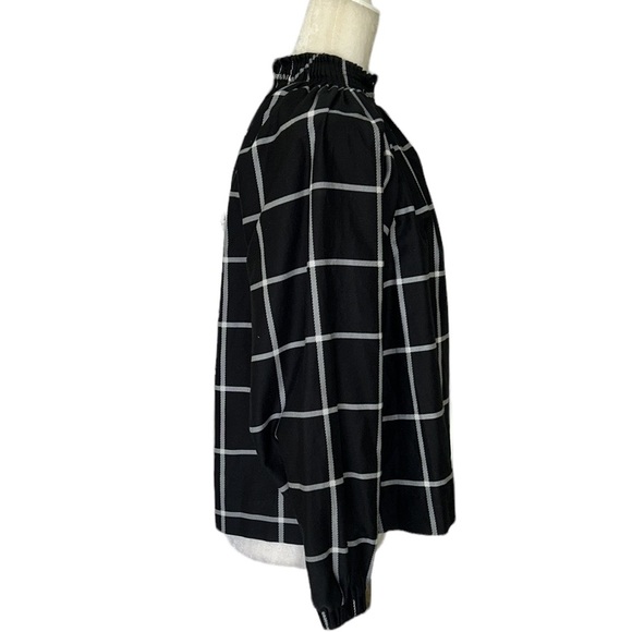 Marie Oliver Silk Black & White Plaid Windowpane Printed Ruffle Neck Blouse - S - Picture 8 of 14